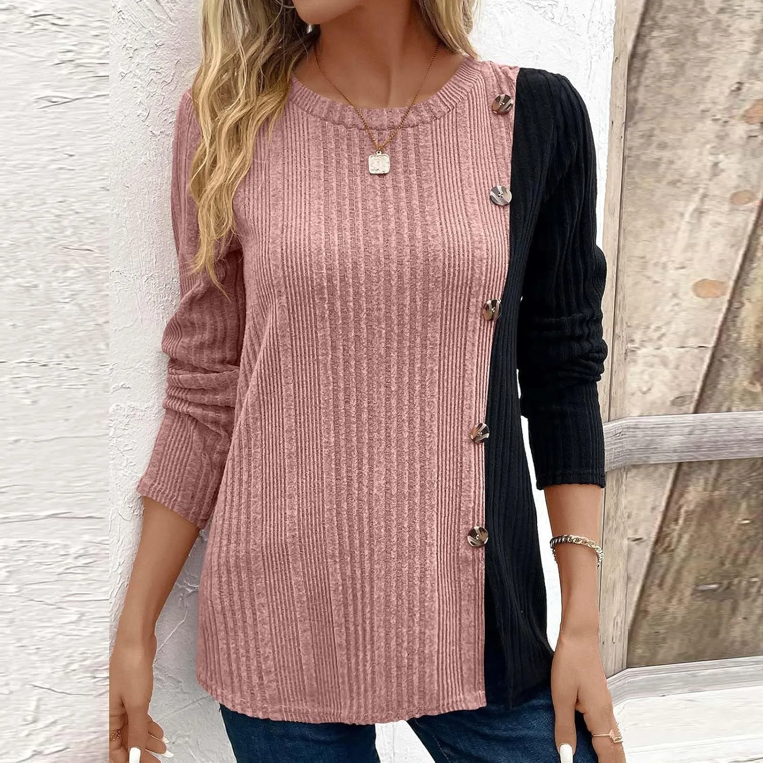 jovati Women's Casual Round Neck Tops Fashion Versatile Color Block Knit Sweater Loose Comfy Solid Long Sleeve Pullover