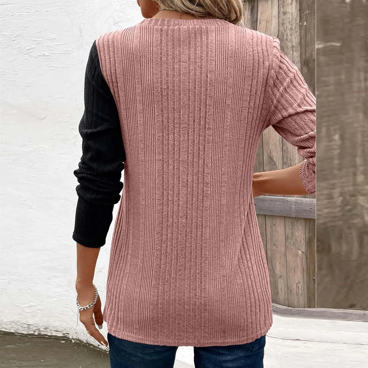 jovati Women's Casual Round Neck Tops Fashion Versatile Color Block Knit Sweater Loose Comfy Solid Long Sleeve Pullover