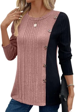 jovati Women's Casual Round Neck Tops Fashion Versatile Color Block Knit Sweater Loose Comfy Solid Long Sleeve Pullover
