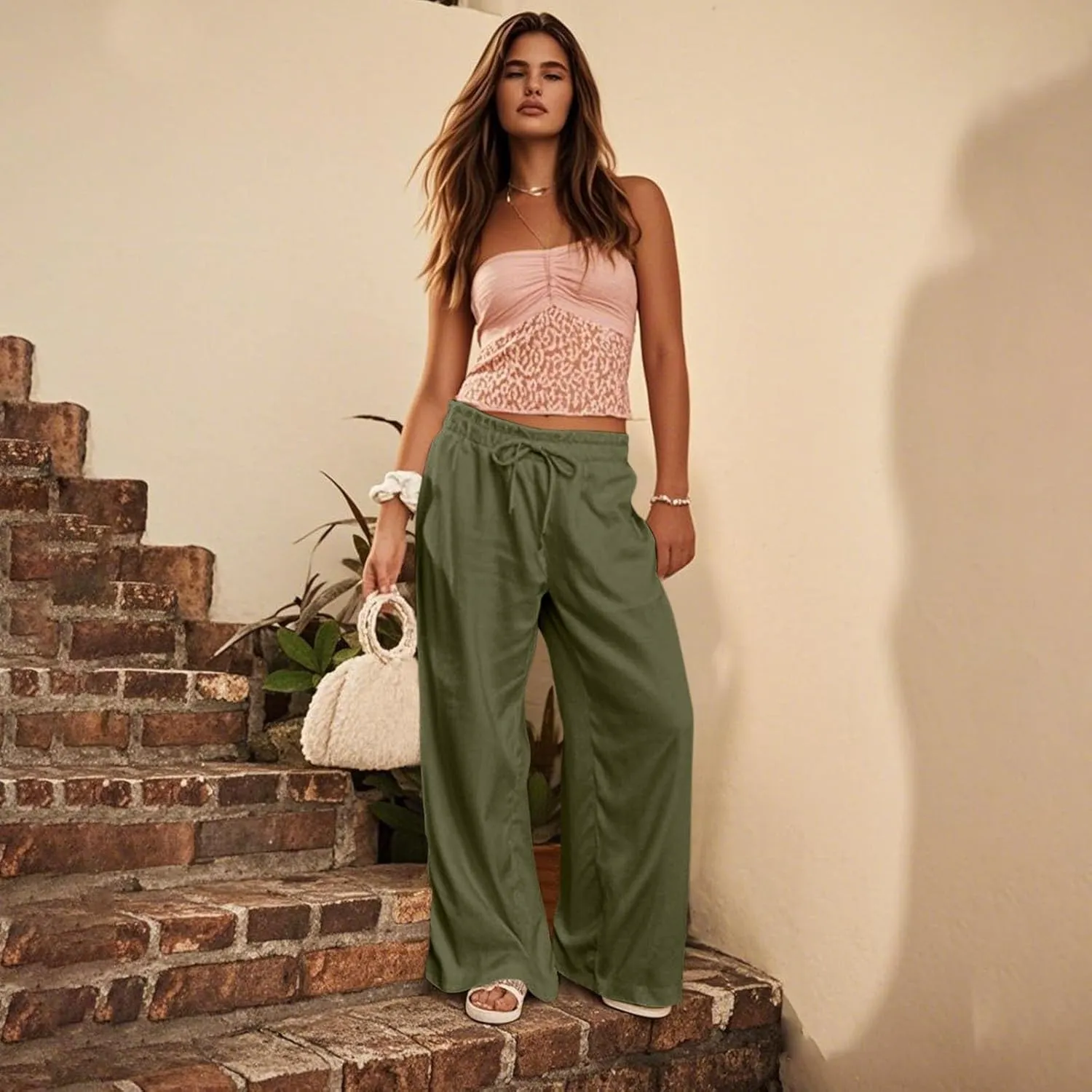 Linen Pants for Women Casual 2025 Summer Elastic Waist Drawstring Lounge Pants with Pockets High Waisted Solid Clothes