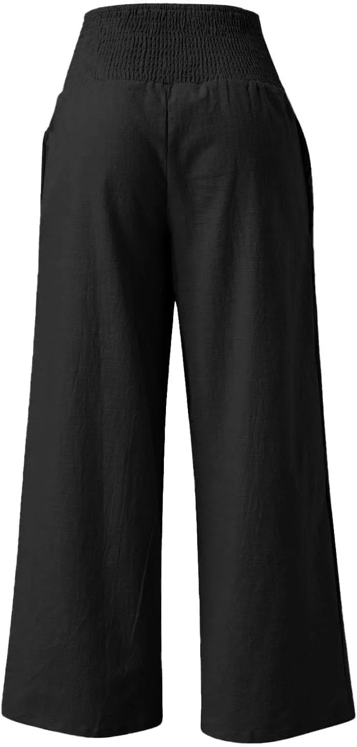 Linen Pants for Women Wide Leg Beach 2025 Summer Elastic Waist Pants High Waisted with Pockets Comfy Solid Clothes