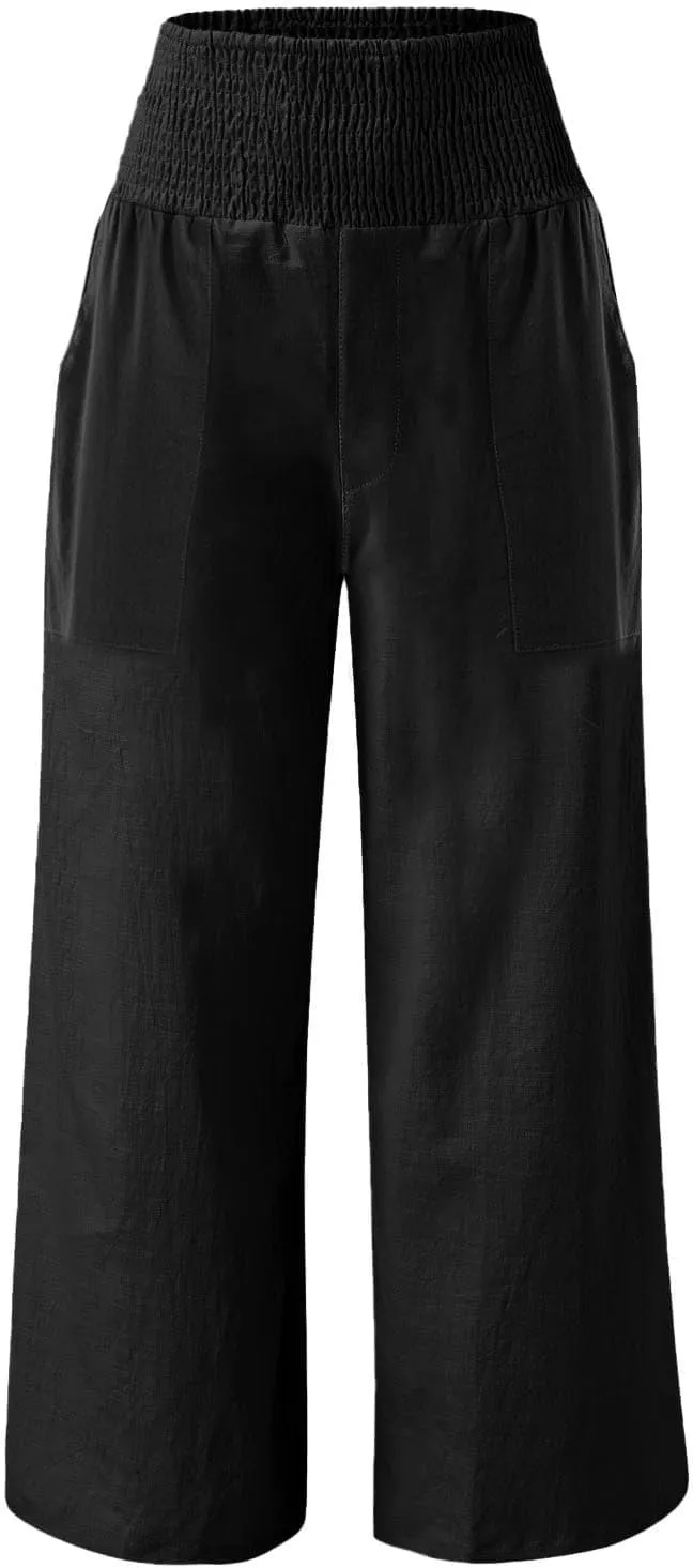 Linen Pants for Women Wide Leg Beach 2025 Summer Elastic Waist Pants High Waisted with Pockets Comfy Solid Clothes