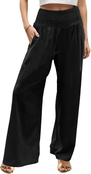 Linen Pants for Women Wide Leg Beach 2025 Summer Elastic Waist Pants High Waisted with Pockets Comfy Solid Clothes