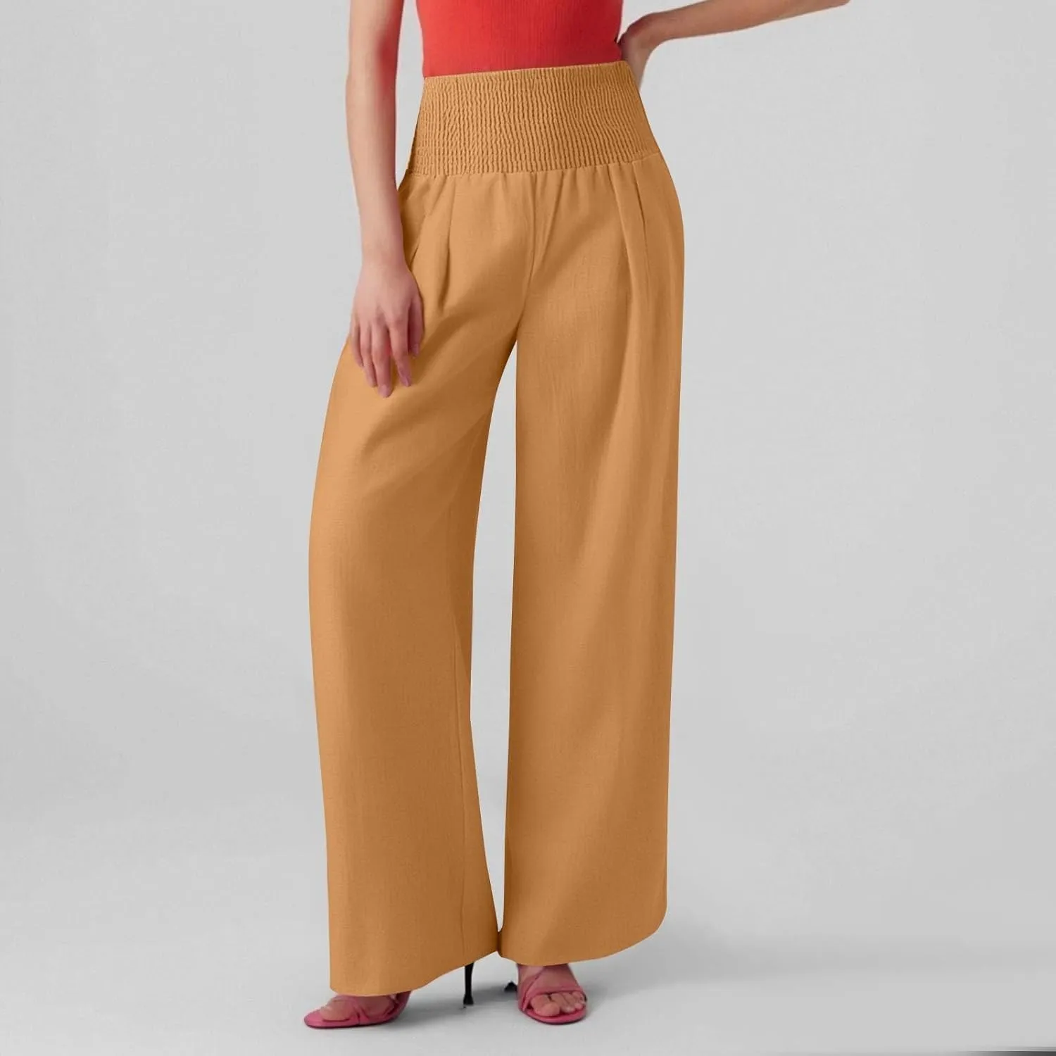 Linen Wide Leg Pants for Women Summer Palazzo Pants Smocked High Waisted Pant Casual Trouser with Pockets