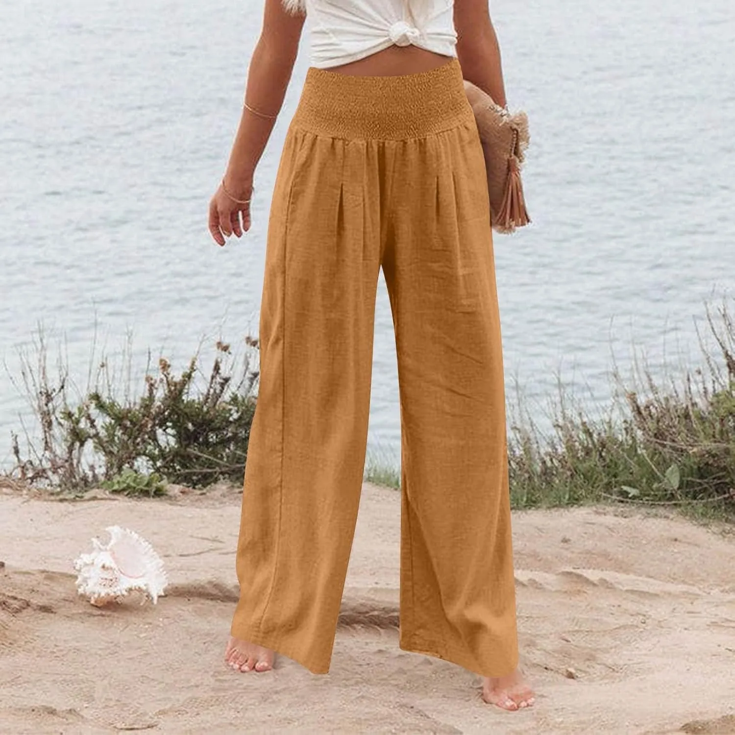 Linen Wide Leg Pants for Women Summer Palazzo Pants Smocked High Waisted Pant Casual Trouser with Pockets