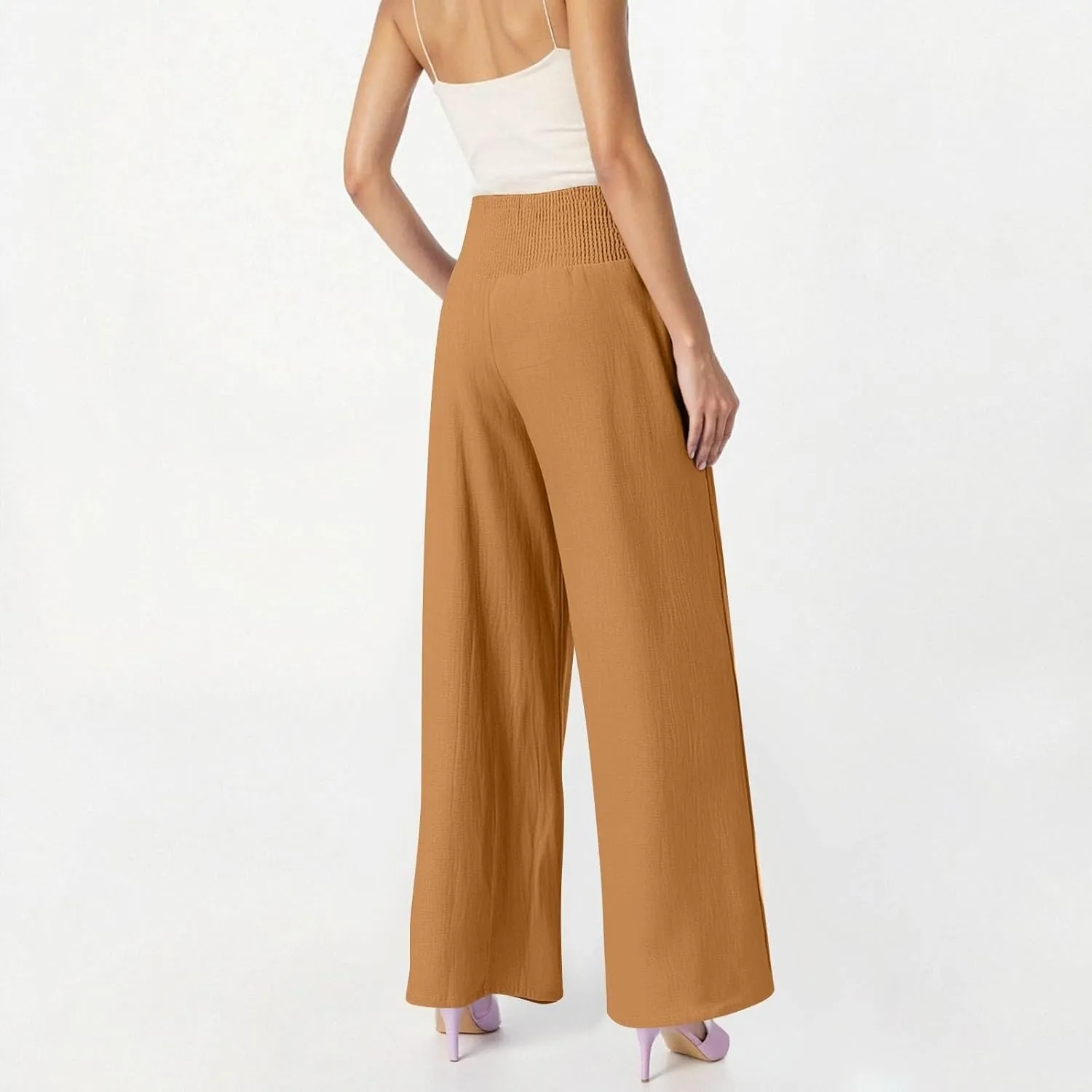 Linen Wide Leg Pants for Women Summer Palazzo Pants Smocked High Waisted Pant Casual Trouser with Pockets