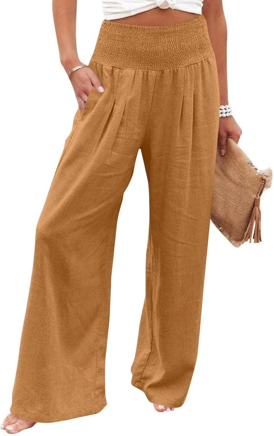 Linen Wide Leg Pants for Women Summer Palazzo Pants Smocked High Waisted Pant Casual Trouser with Pockets