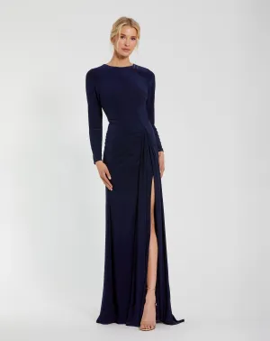 Long Sleeve Fitted Jersey Gown With Ruched Waist - Midnight