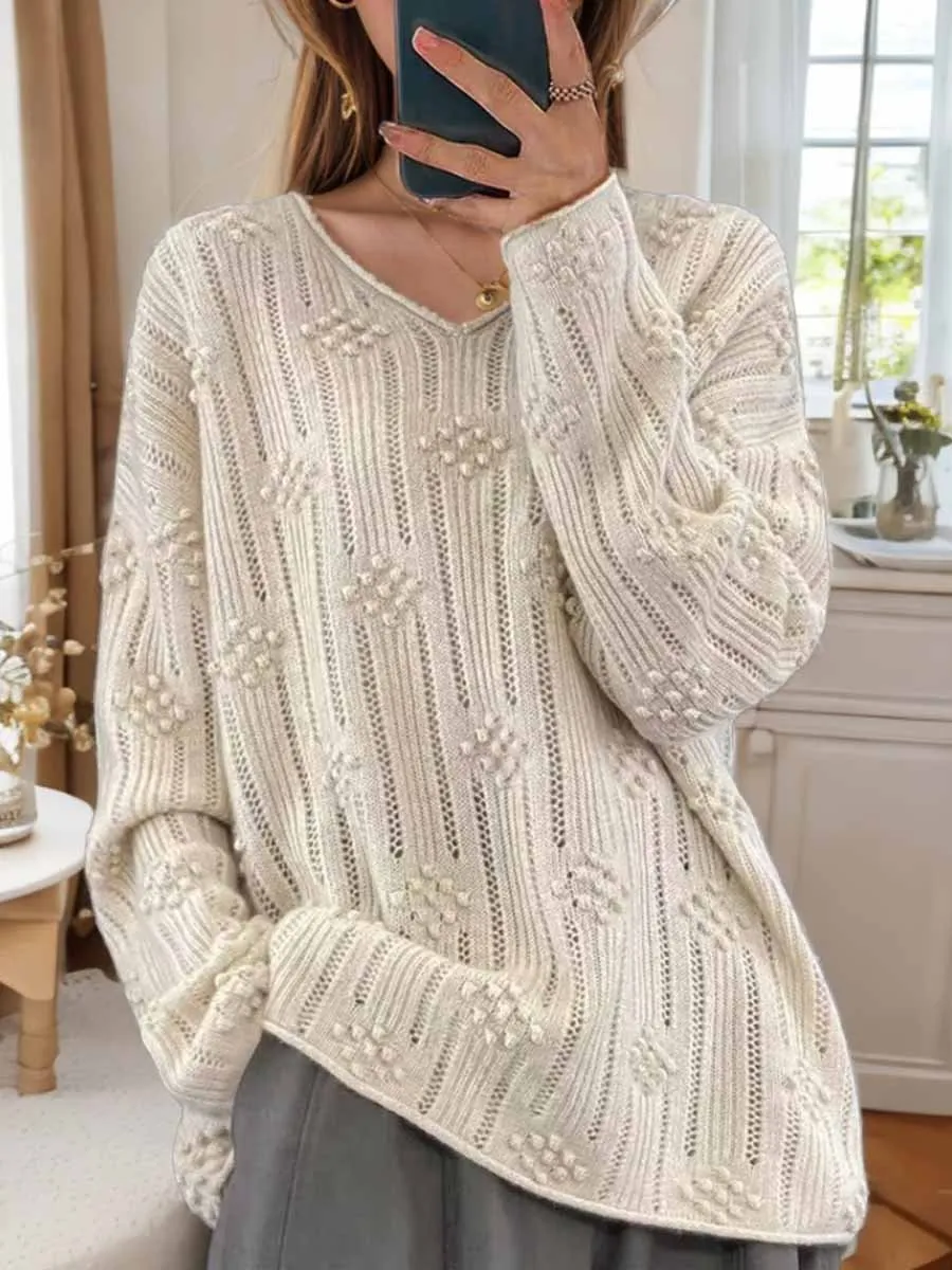 Long Sleeve Knit Sweater with Hollow Jacquard Design