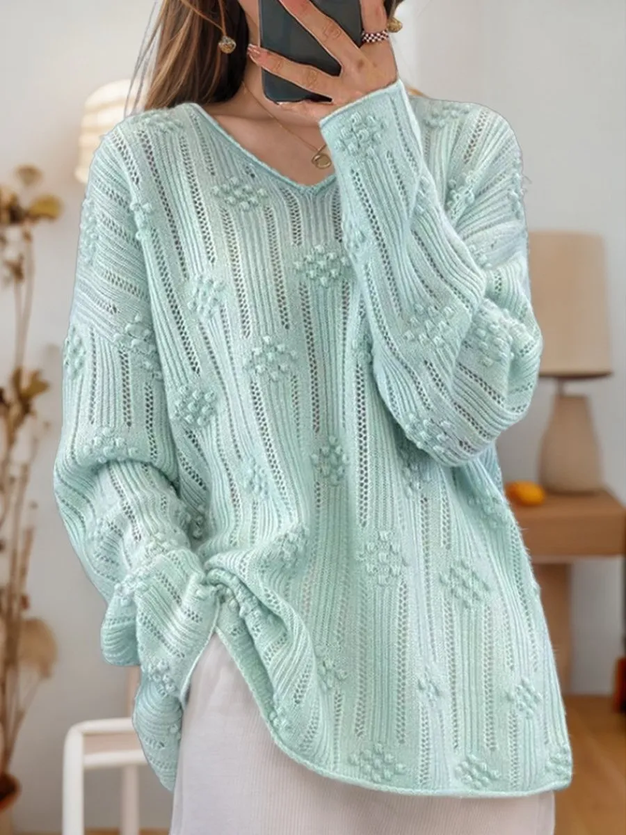 Long Sleeve Knit Sweater with Hollow Jacquard Design