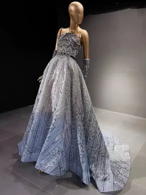 Luxury Blue Beaded Prom Dresses Elegant Wedding Dresses Removable Sleeves BD035