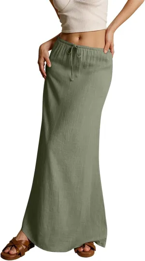 Maxi Skirts for Women Womens Trendy Summer Comfy Drawstring Waist A Line Skirts Cute Vacation Long Flowy Skirt