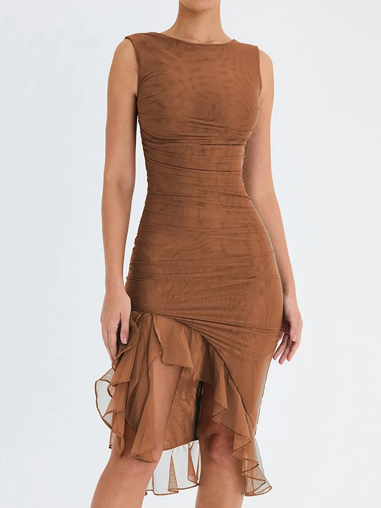 New Mozision Elegant Ruffle Ruched Midi Dress