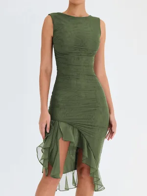 New Mozision Elegant Ruffle Ruched Midi Dress