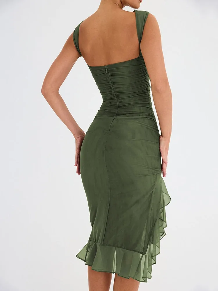 New Mozision Elegant Ruffle Ruched Midi Dress