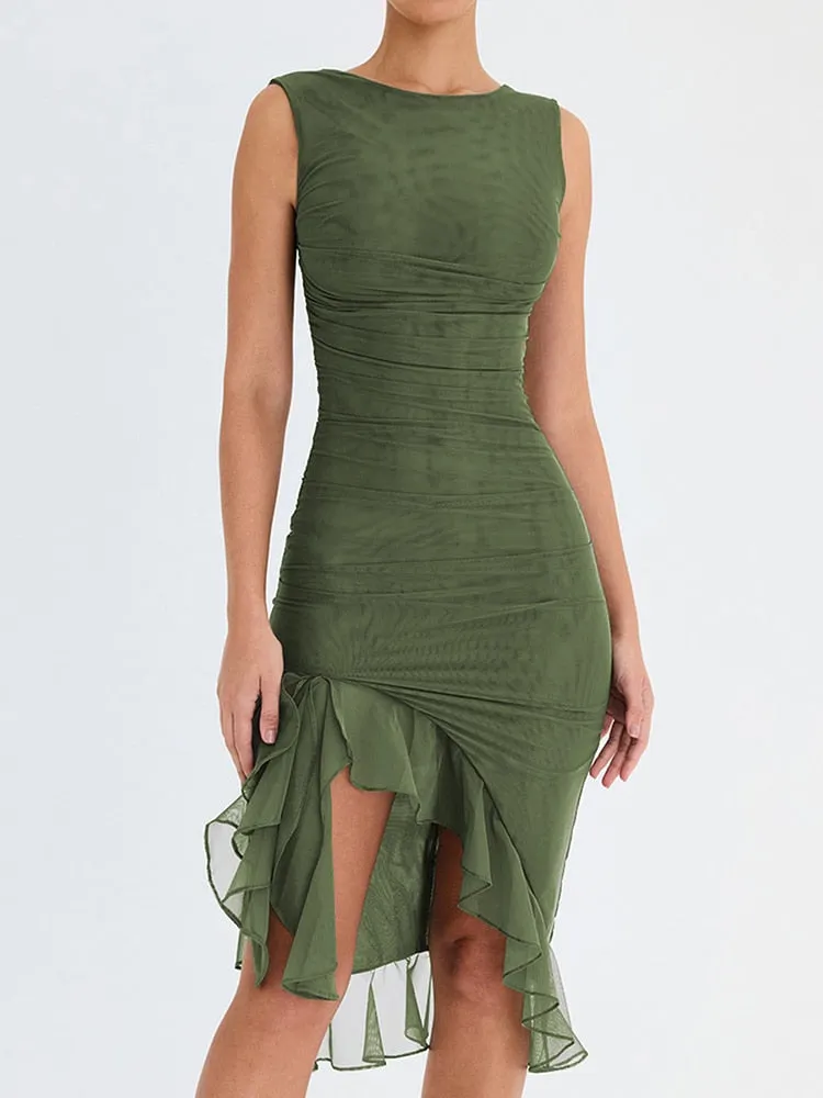 New Mozision Elegant Ruffle Ruched Midi Dress