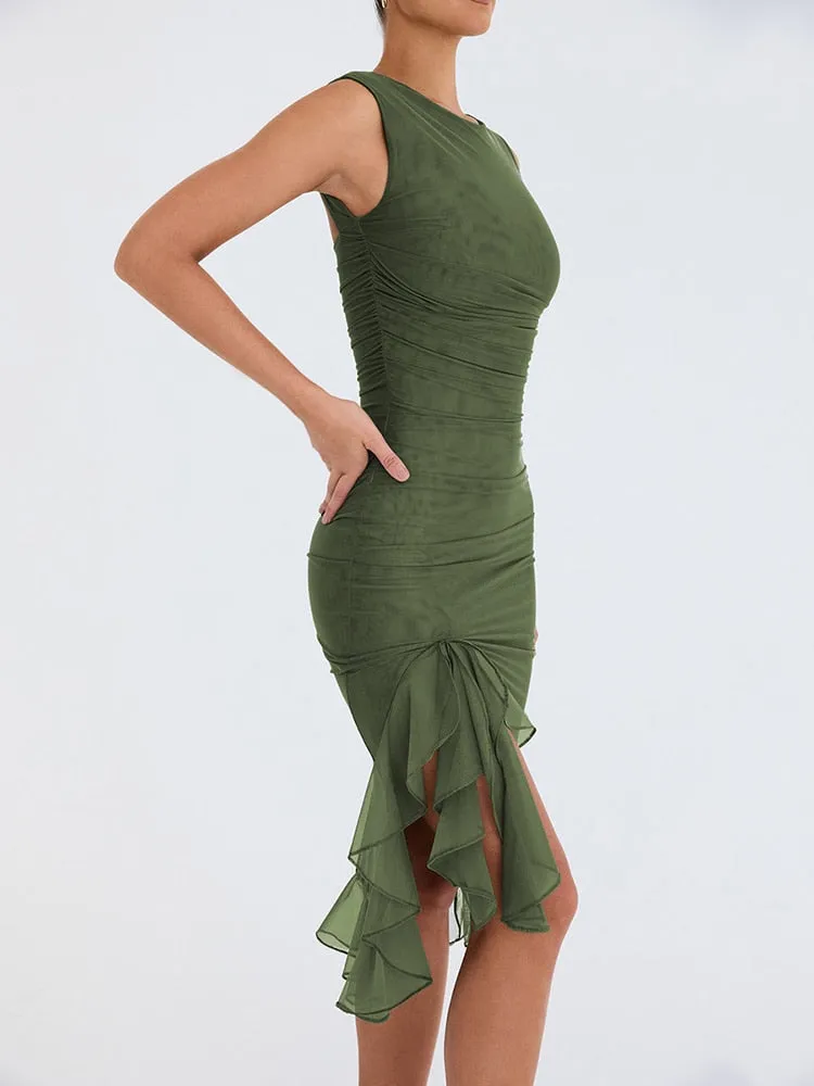 New Mozision Elegant Ruffle Ruched Midi Dress