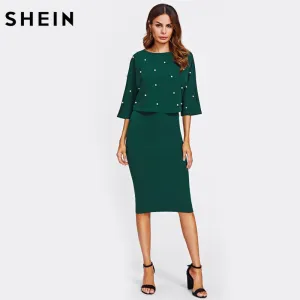 Pearl Embellished Autumn Dress Elegant Womens Dresses Solid Green