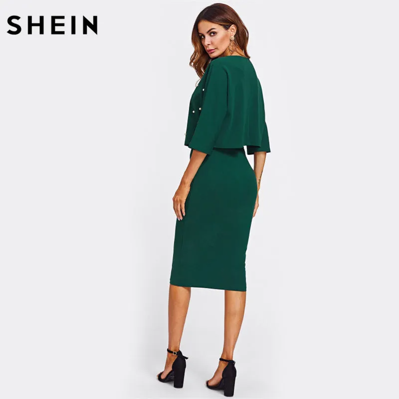 Pearl Embellished Autumn Dress Elegant Womens Dresses Solid Green