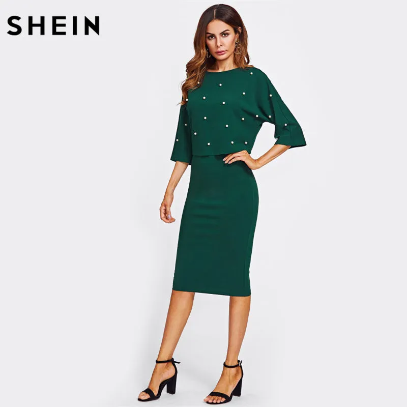 Pearl Embellished Autumn Dress Elegant Womens Dresses Solid Green