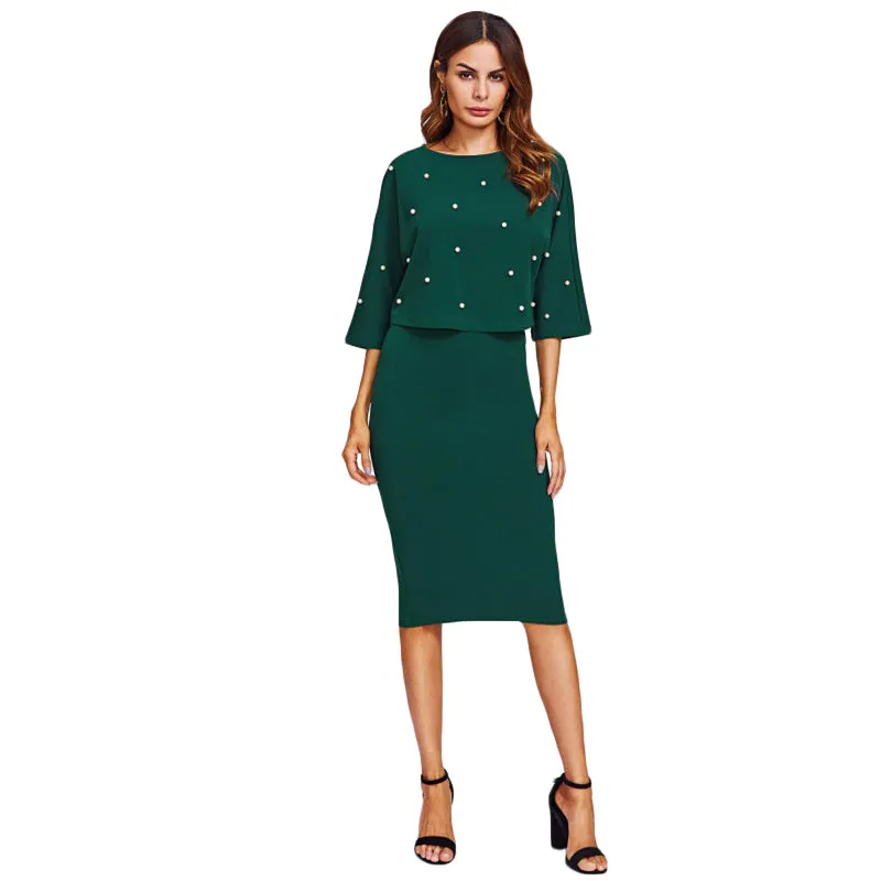 Pearl Embellished Autumn Dress Elegant Womens Dresses Solid Green
