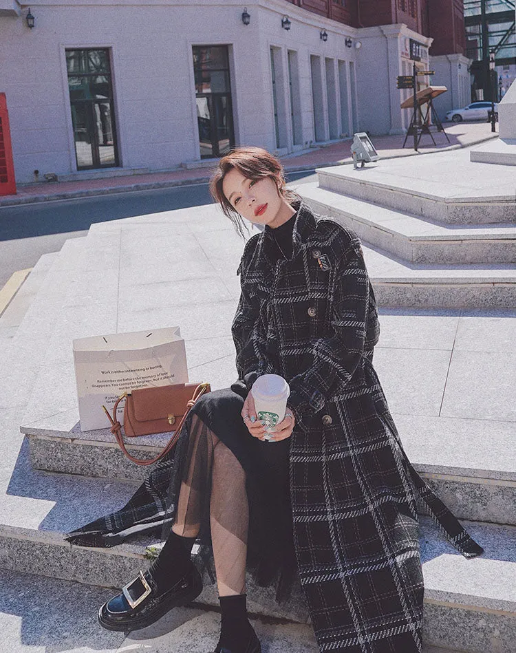 Plaid Loose Hepburn Style Woolen Women's Coat