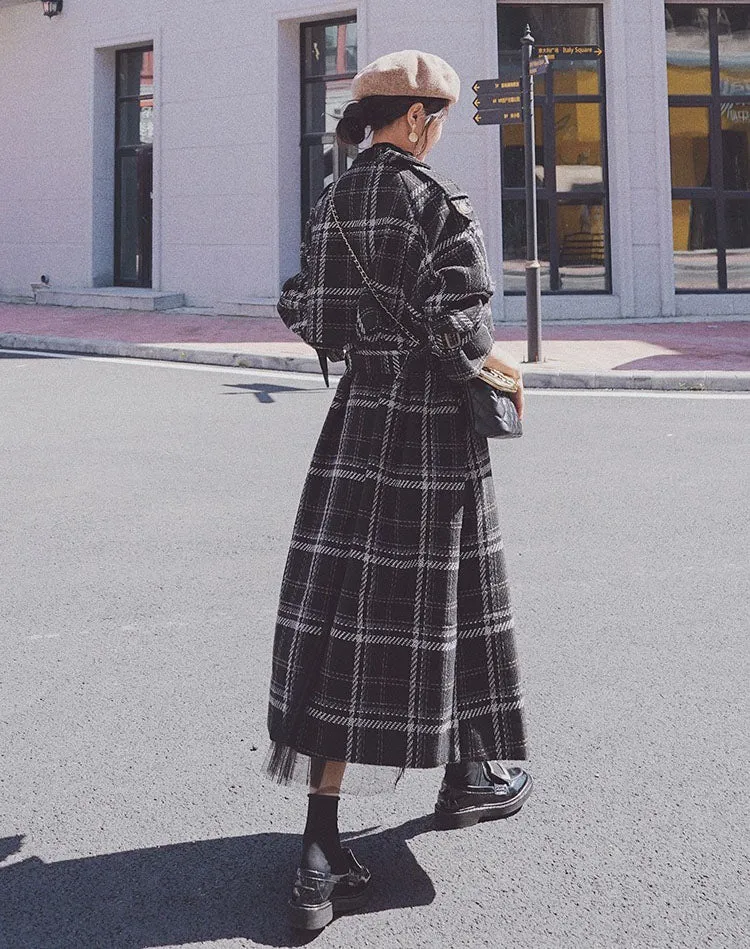 Plaid Loose Hepburn Style Woolen Women's Coat