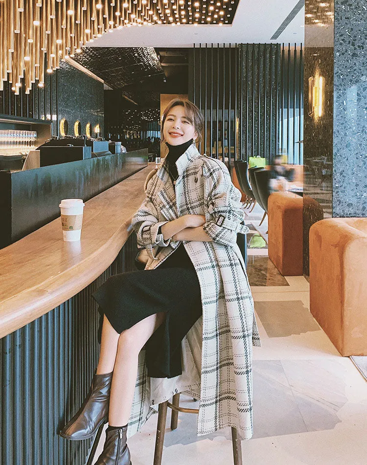 Plaid Loose Hepburn Style Woolen Women's Coat