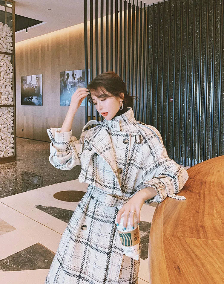 Plaid Loose Hepburn Style Woolen Women's Coat