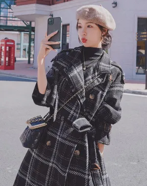 Plaid Loose Hepburn Style Woolen Women's Coat
