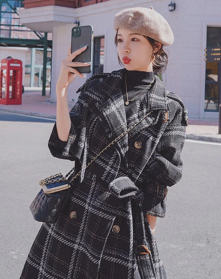 Plaid Loose Hepburn Style Woolen Women's Coat