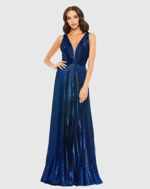 Plunge Neck Pleated Metallic Gown - Sapphire