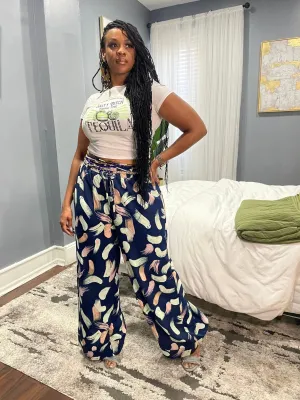 Posh Nina Raw Hem Printed Wide Leg Pants - Navy