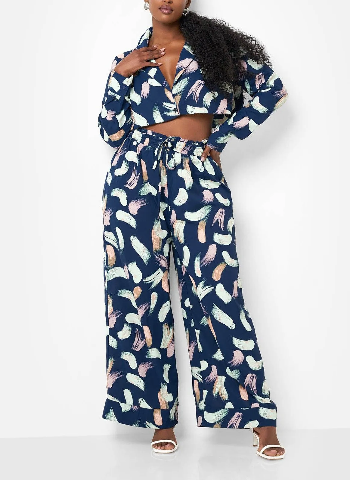 Posh Nina Raw Hem Printed Wide Leg Pants - Navy