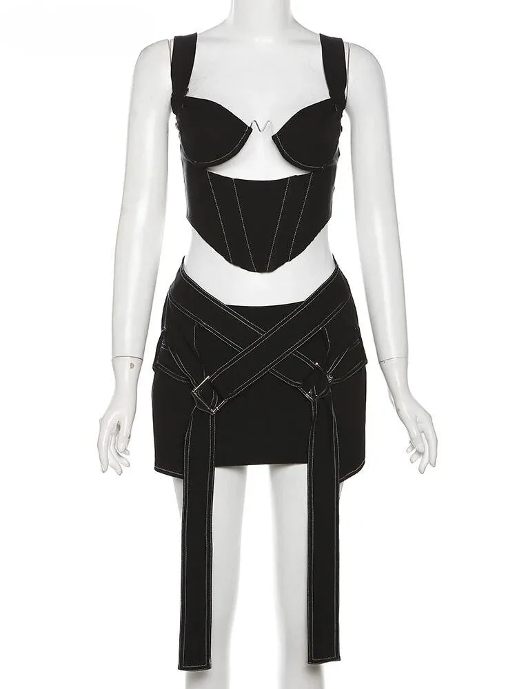 "T-BOO Women's 2 Piece Set: Chic Hollow Summer Sleeveless Tank Tops   Cross Bandage Skirts for Sexy Matching Streetwear Outfits"