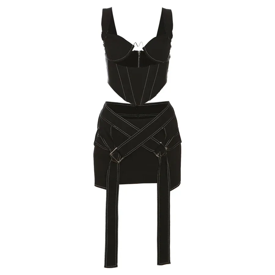 "T-BOO Women's 2 Piece Set: Chic Hollow Summer Sleeveless Tank Tops   Cross Bandage Skirts for Sexy Matching Streetwear Outfits"