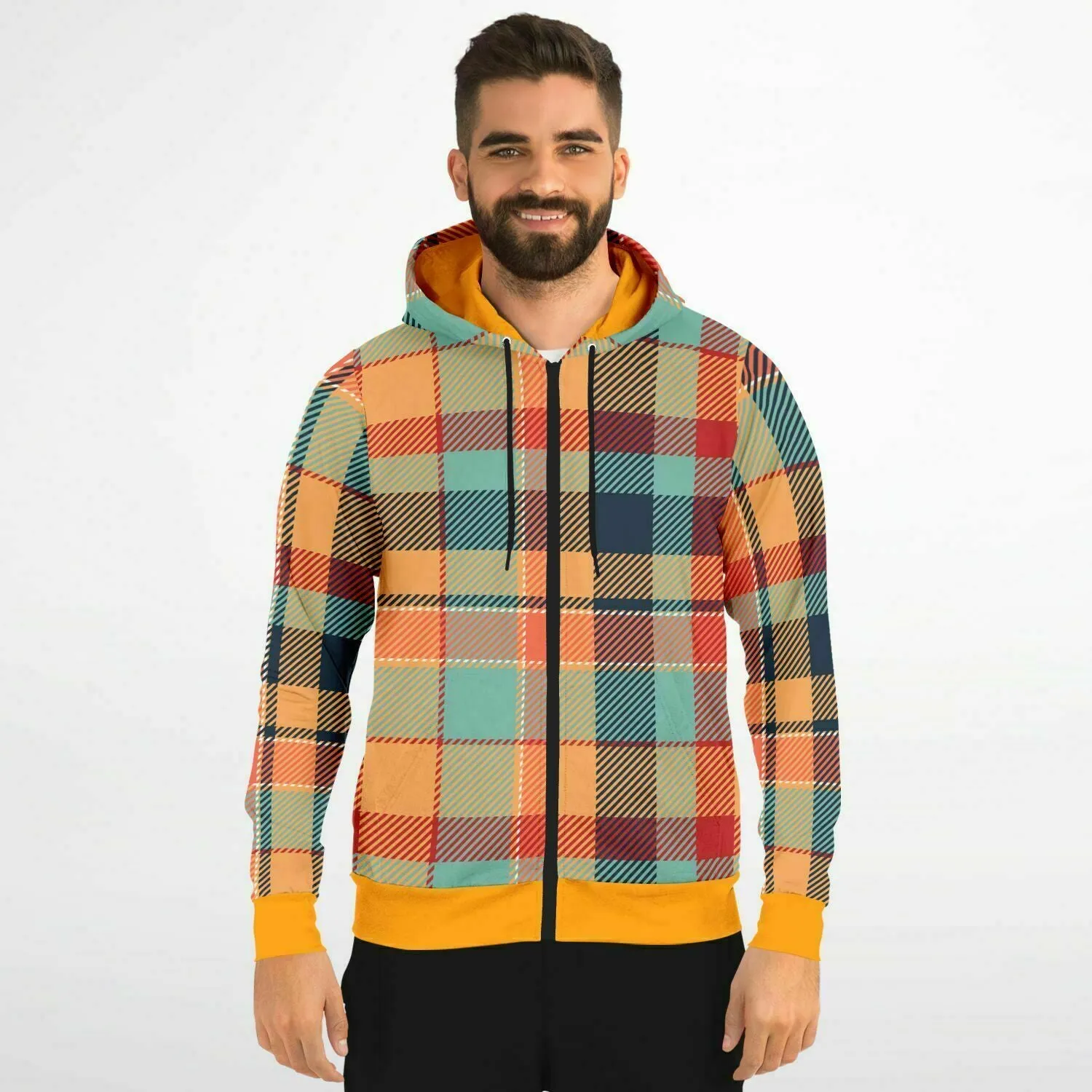 Retro Zip Hoodie in Tartan or Plaid, Orange, Teal and Green for Men and Women