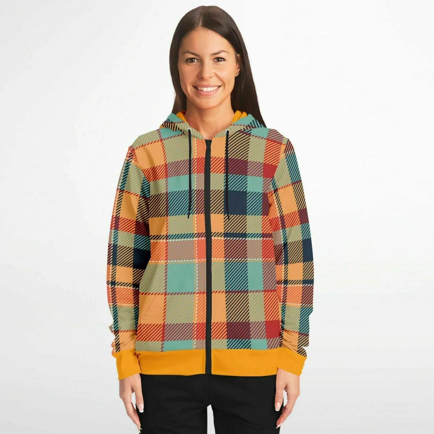 Retro Zip Hoodie in Tartan or Plaid, Orange, Teal and Green for Men and Women