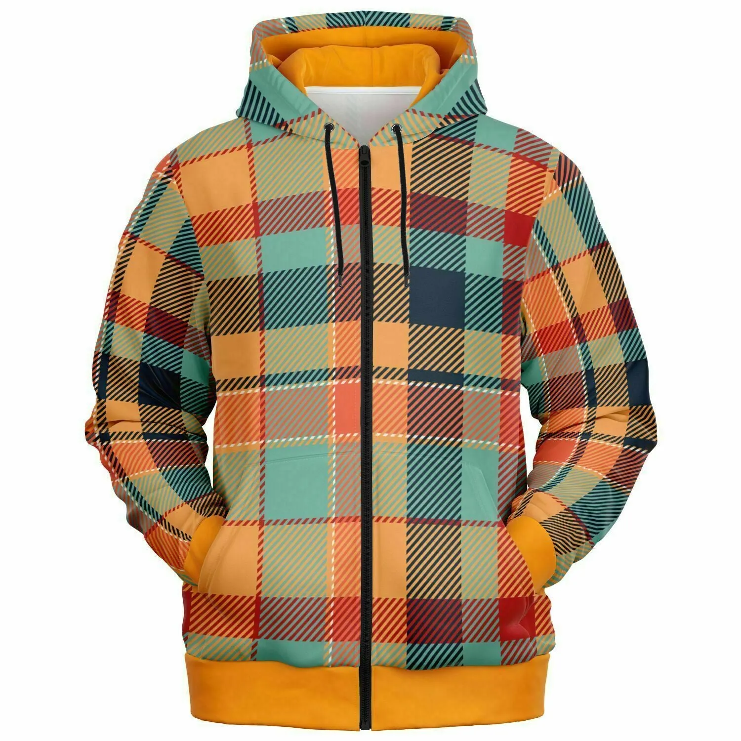 Retro Zip Hoodie in Tartan or Plaid, Orange, Teal and Green for Men and Women