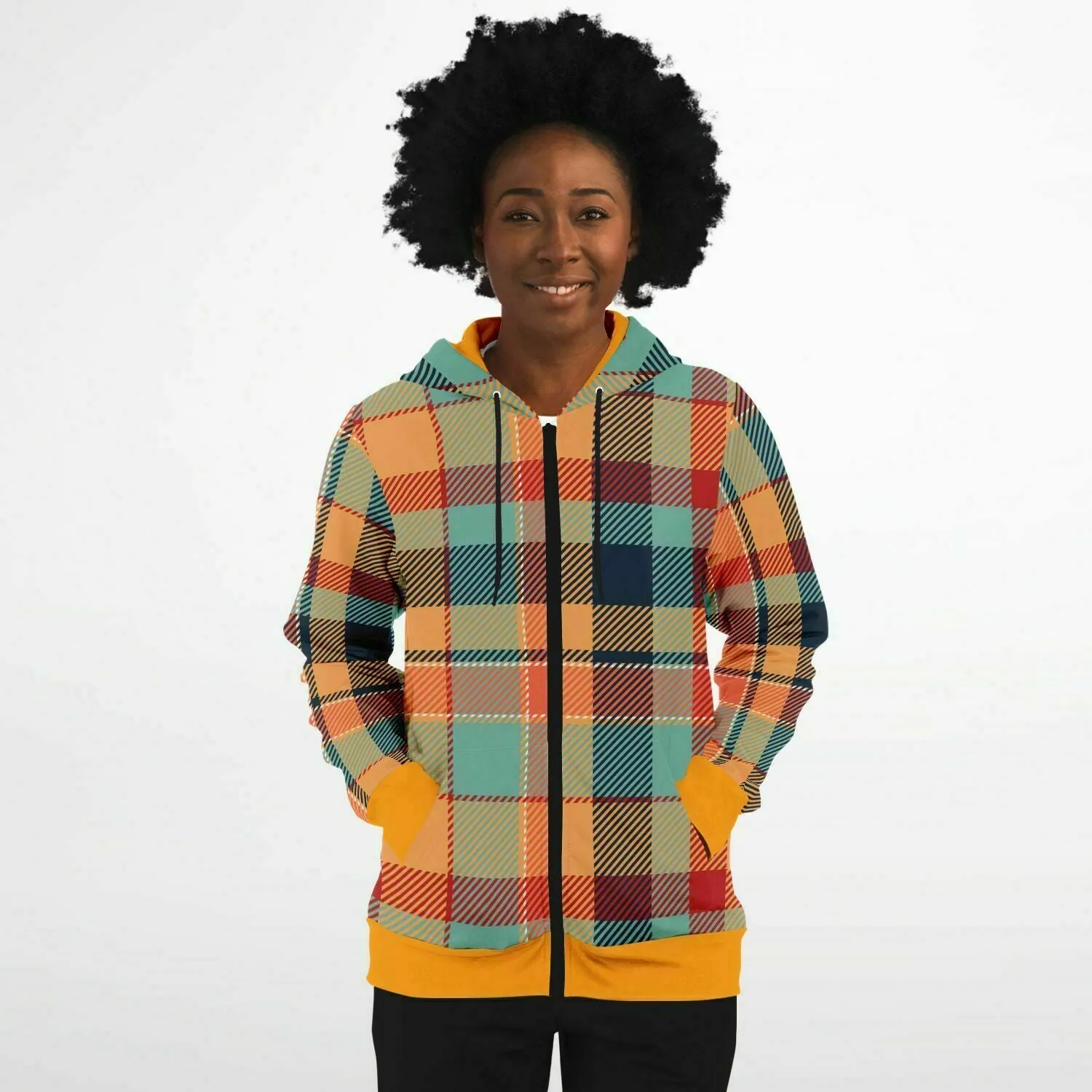 Retro Zip Hoodie in Tartan or Plaid, Orange, Teal and Green for Men and Women