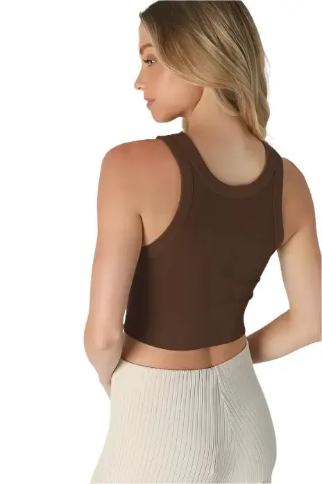 Ribbed High Neck Crop Tank - Brown