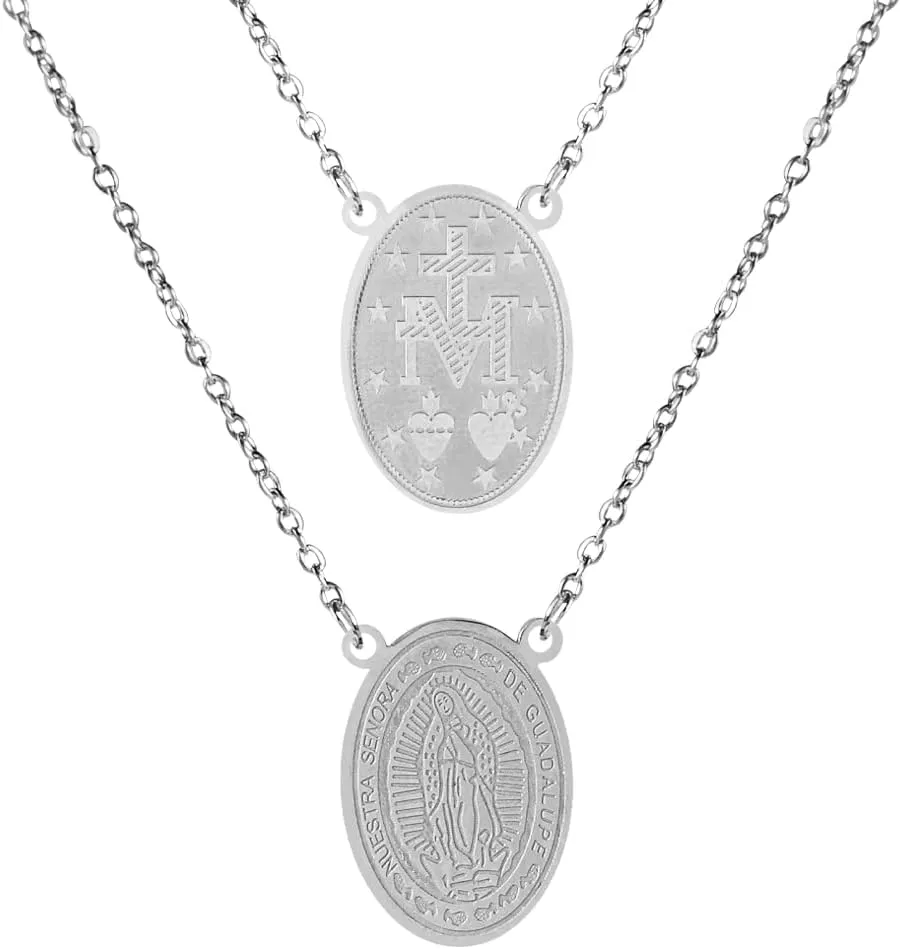 Scapulars Catholic Necklace, Our Lady of Mount Carmel Medals & I Sacred Heart of Jesus Stainless Steel Scapular Necklace for Women & Men, Escapularios Catolicos, Religious Gift