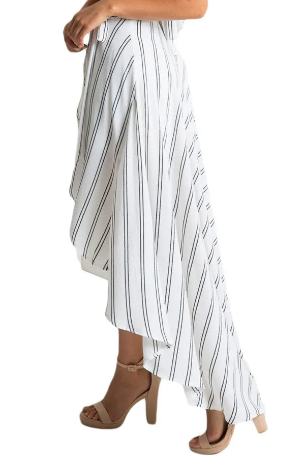 Stripe Print Asymmetrical Wrapped White Maxi Skirt