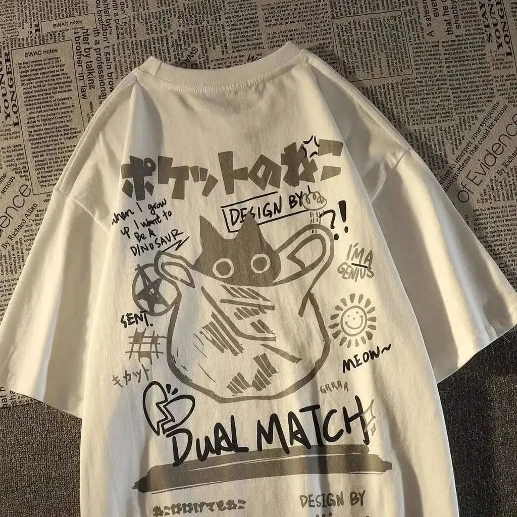 Summer Japanese Retro Cat Print T-Shirt - Unisex Oversized Short Sleeve Tee for Couples
