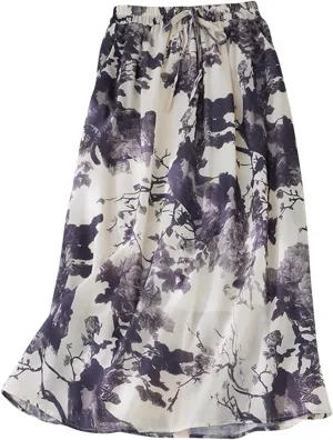 Vintage Floral Print Midi Skirt Women Drawstring Elastic Waist Flowy A-Line Skirts Casual Lightweight Beach Skirt