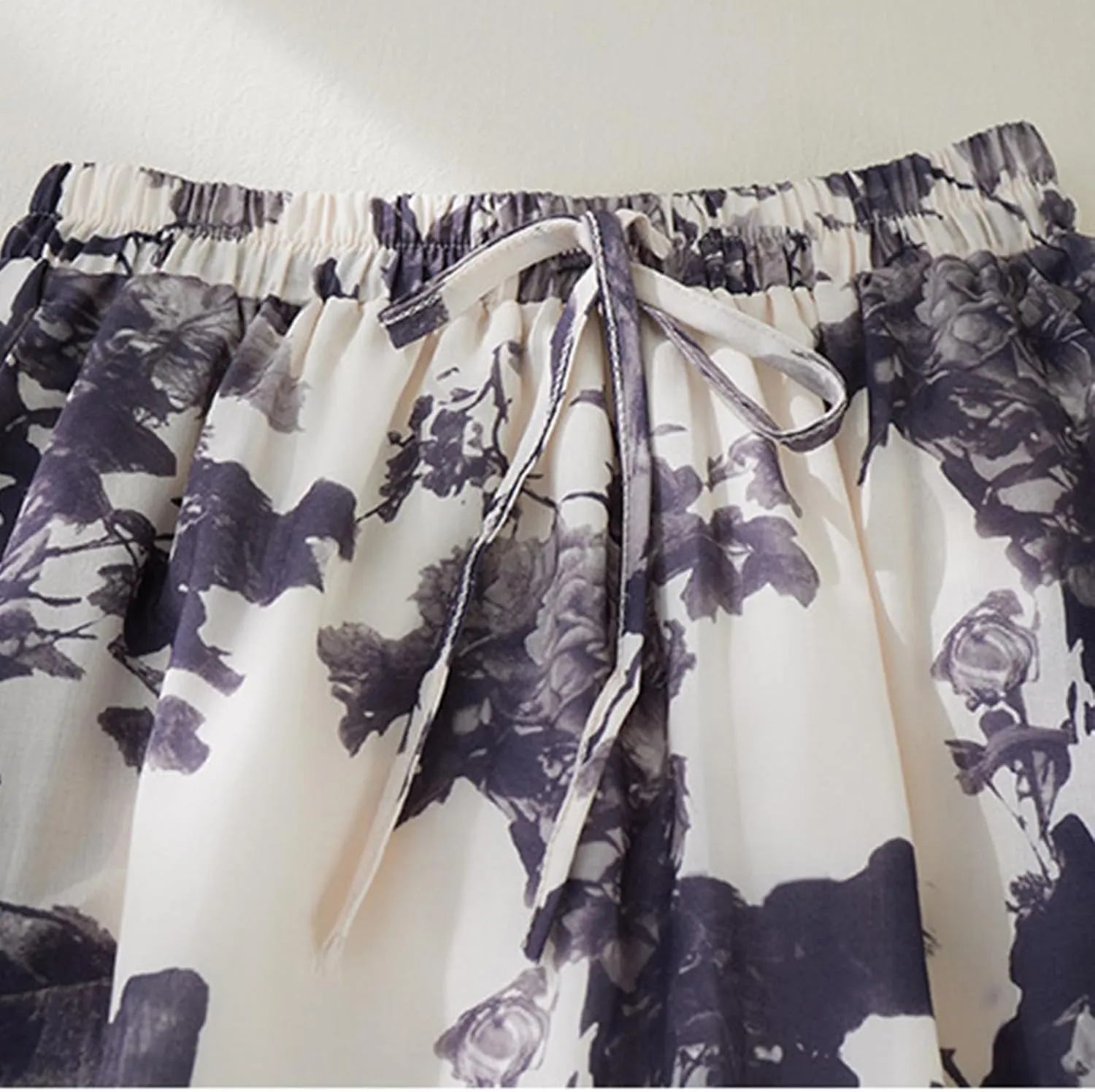 Vintage Floral Print Midi Skirt Women Drawstring Elastic Waist Flowy A-Line Skirts Casual Lightweight Beach Skirt