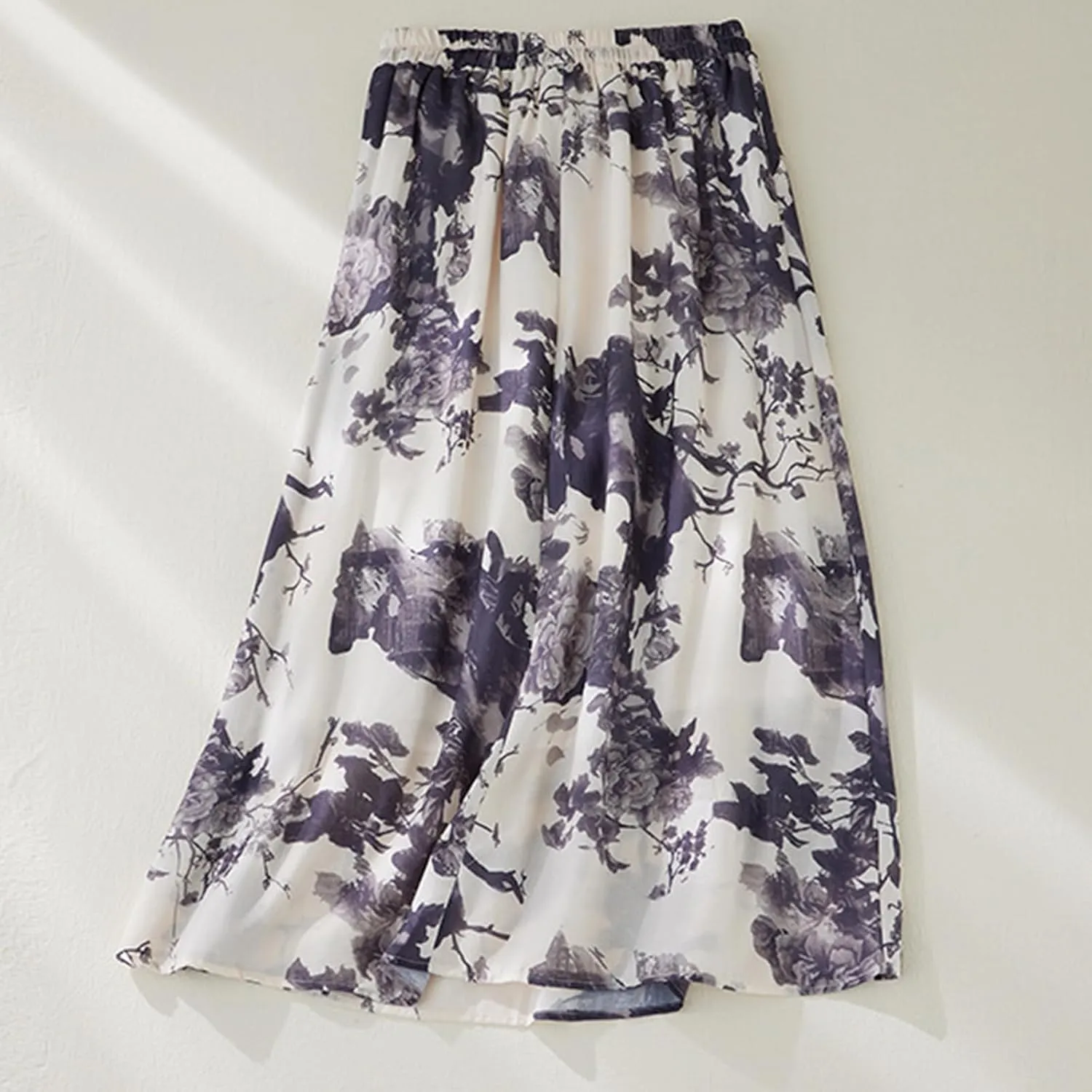 Vintage Floral Print Midi Skirt Women Drawstring Elastic Waist Flowy A-Line Skirts Casual Lightweight Beach Skirt