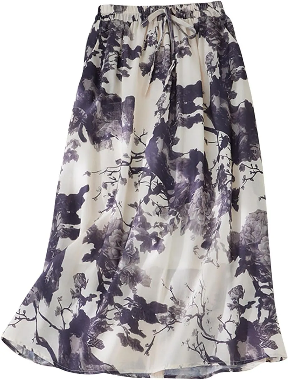 Vintage Floral Print Midi Skirt Women Drawstring Elastic Waist Flowy A-Line Skirts Casual Lightweight Beach Skirt