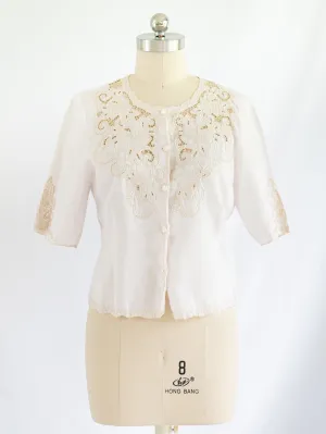 Vintage White Half Sleeved Eyelet Embroidery Linen Blouse