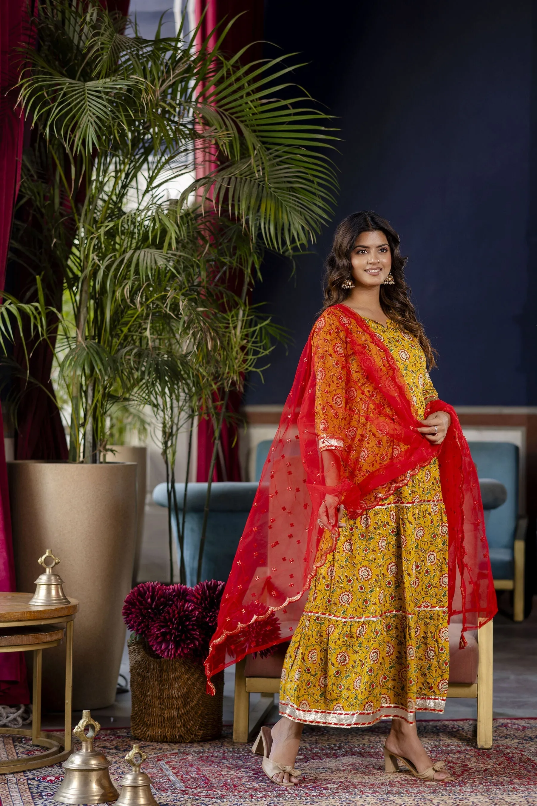 Women Yellow Floral Printed Flared Dress With Scalloped Dupatta